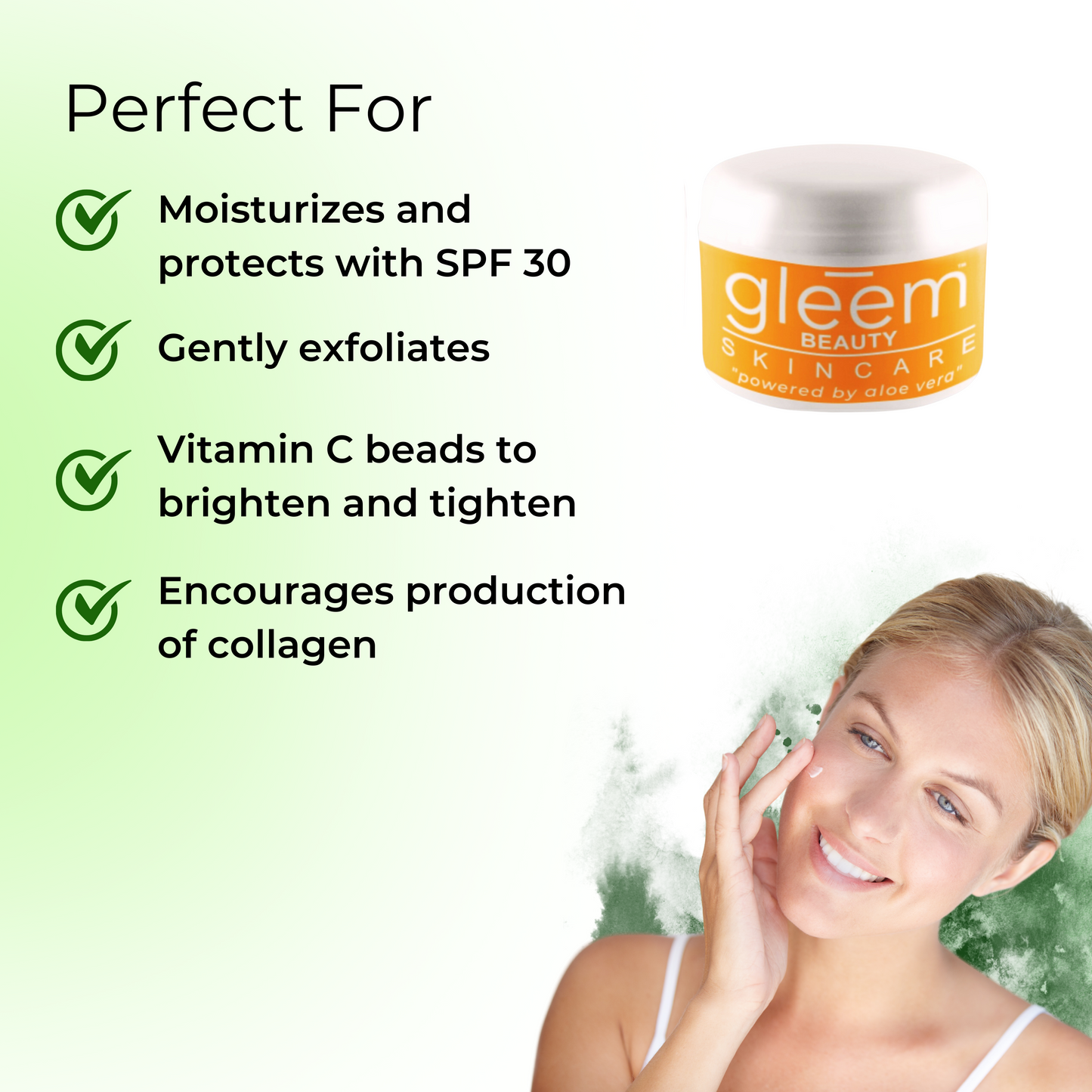 Moisturizes and protects with SPF 30. Gently exfoliates. Vitamin C Beads to brighten and tighten. Encourages production of collagen.