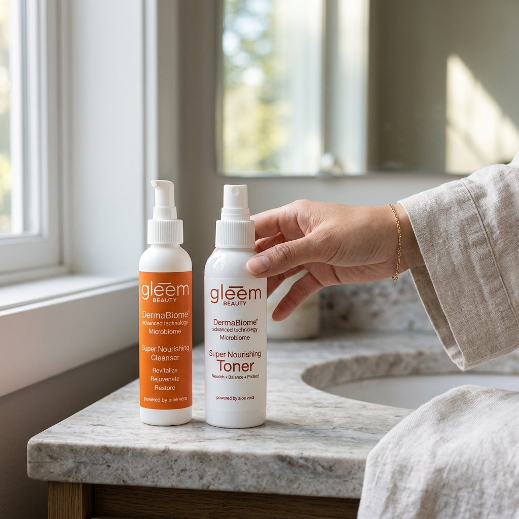 A woman reaches for Gleem Beauty's Super Nourishing Toner, pictured beside Gleem Beauty's Super Nourishing Cleanser.