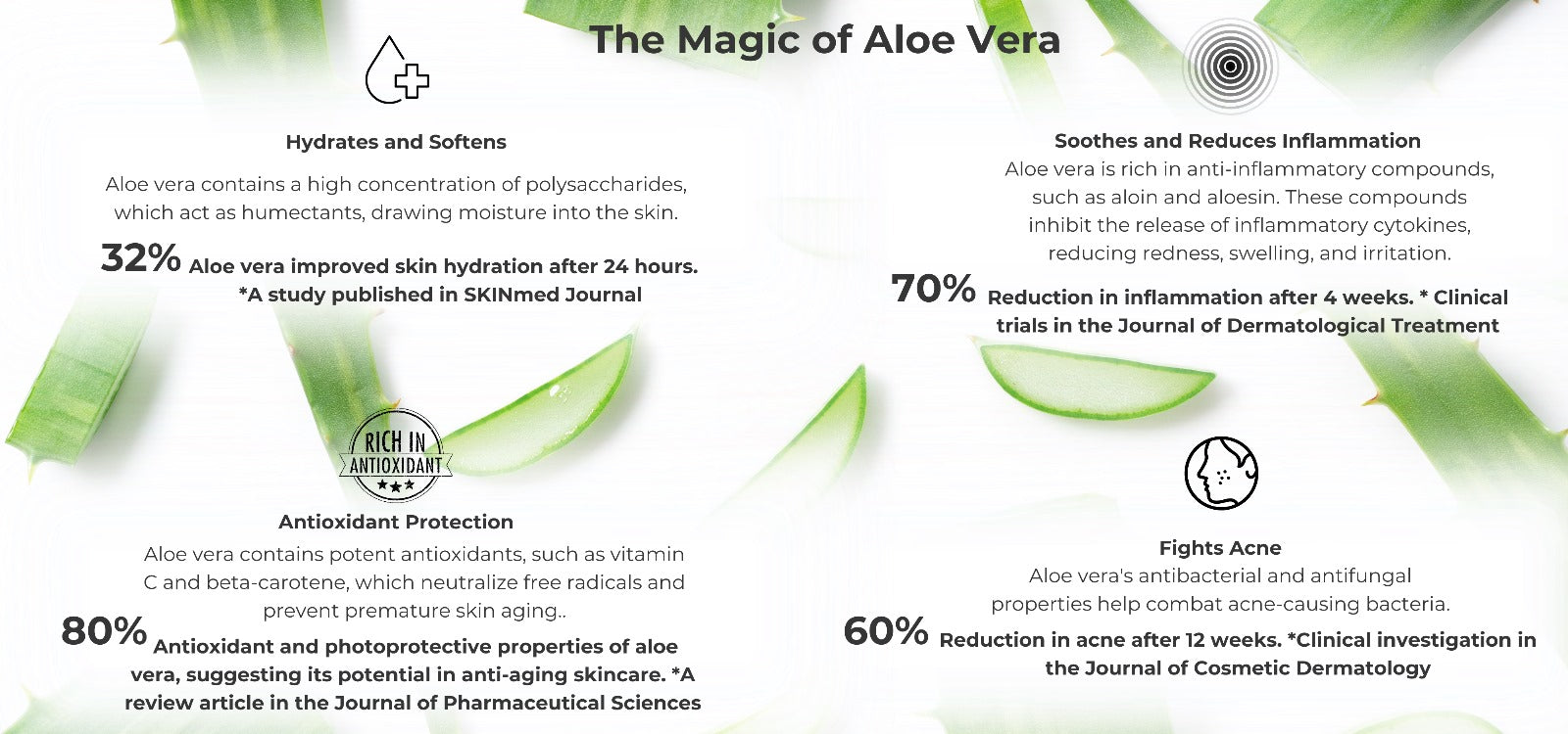 The Magic of Aloe Vera, hydrates and softens, antioxidant protection, soothes and reduces inflammation, fights acne