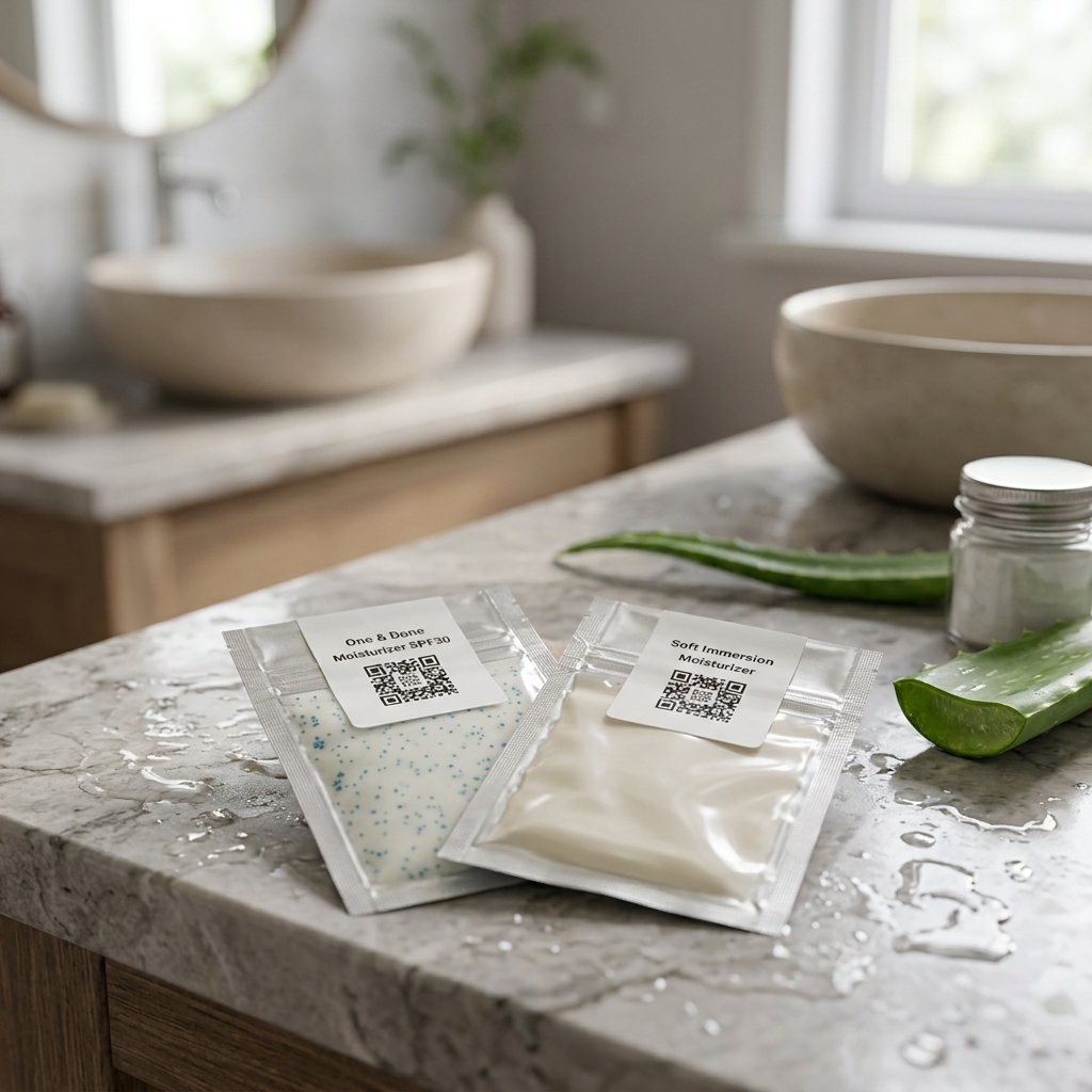 Two clear pouches of bath salts and immersion powder on a marble bathroom counter, with aloe vera leaves and a small jar nearby in a softly lit bathroom setting.