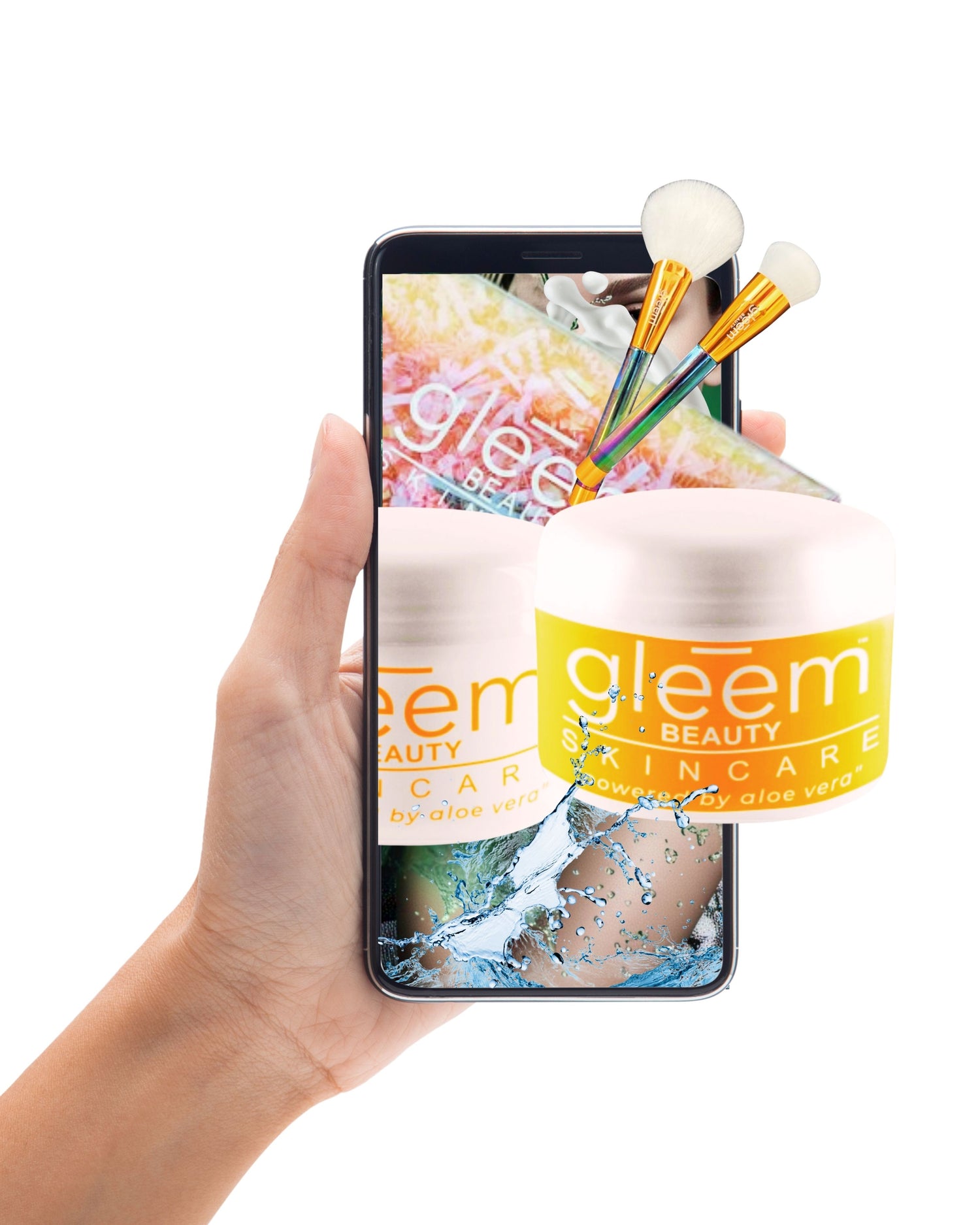 Picture of Gleem Beauty products bursting out of a mobile phone, "The Ring" style!
