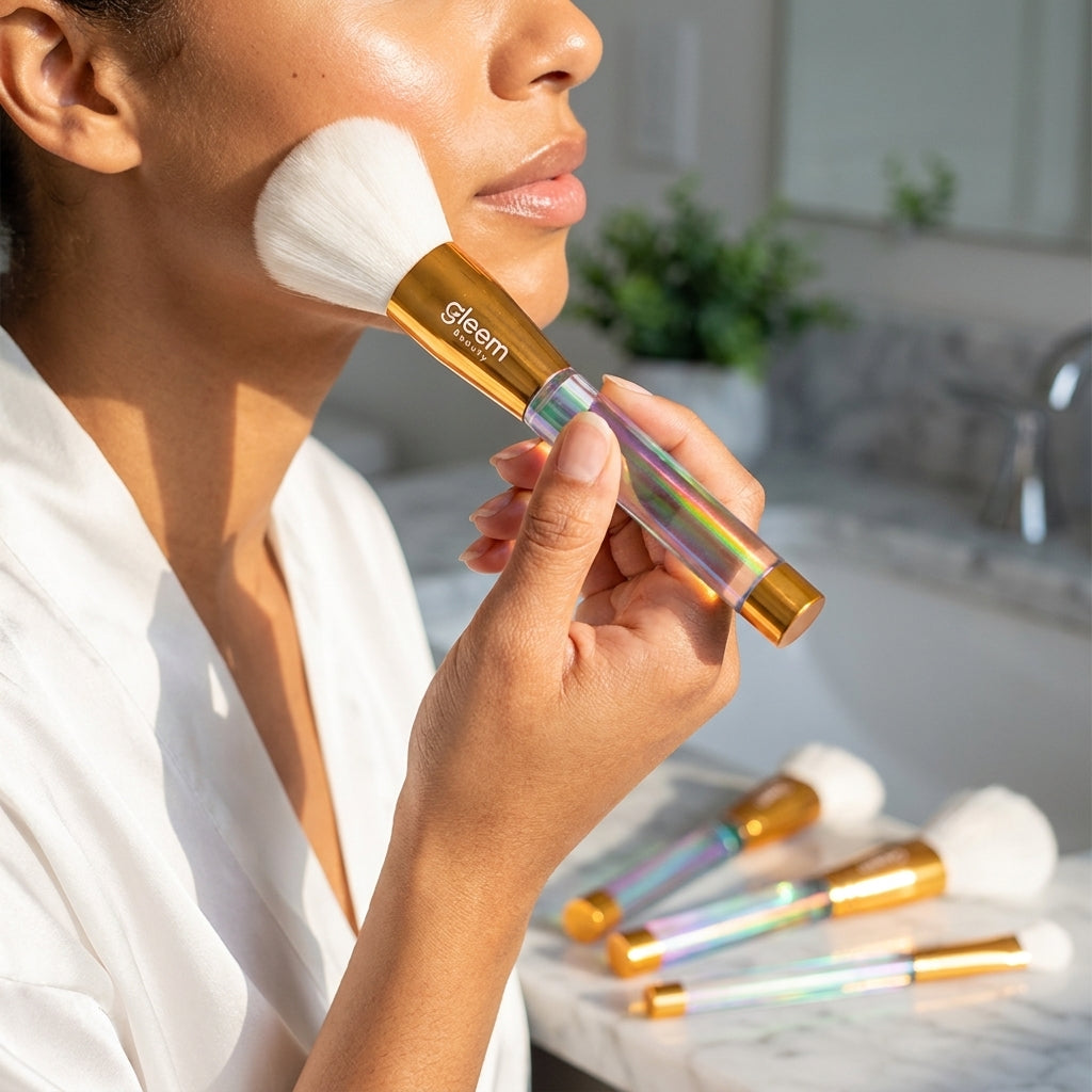 Person using a gleem brush on their face with additional brushes in the background.