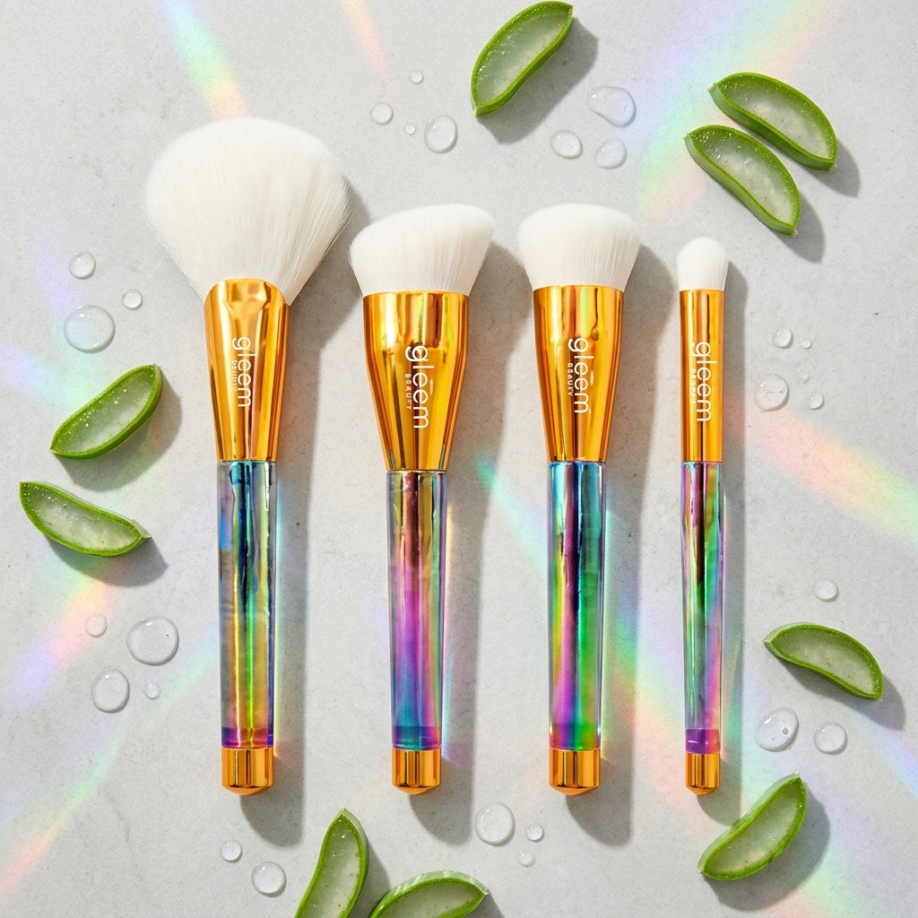 Set of makeup brushes with rainbow handles and gold accents on a light background with aloe vera slices.