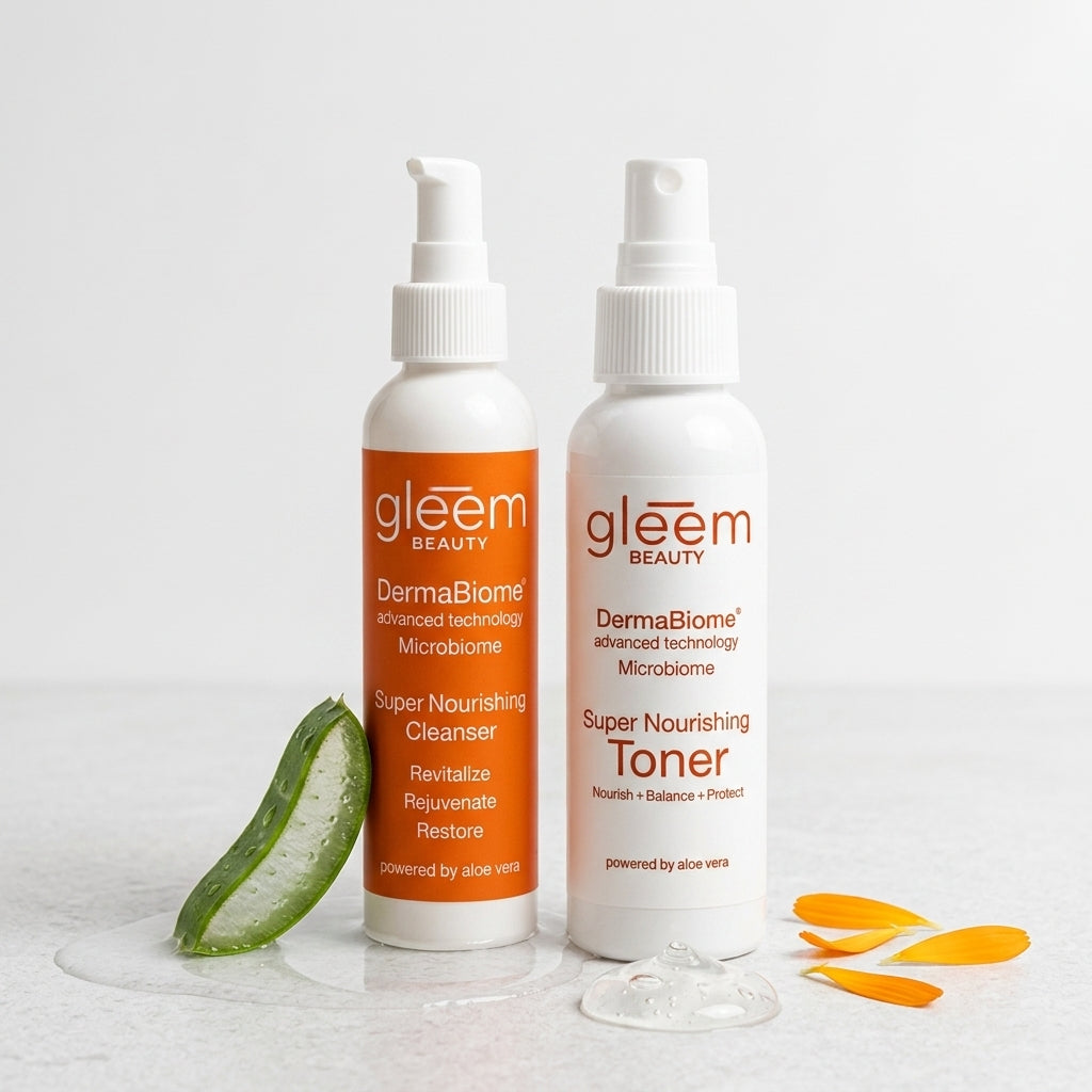Super Nourishing Toner and Super Nourishing Cleanser side by side against a white surface.