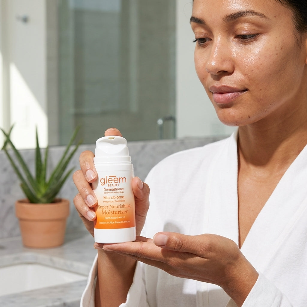 Woman holding a Gleem product in a bathroom setting