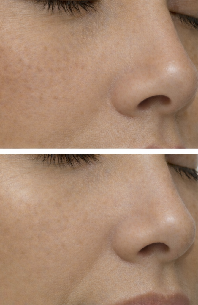 Before and after comparison of a person's face with text indicating 'After 4 weeks'.
