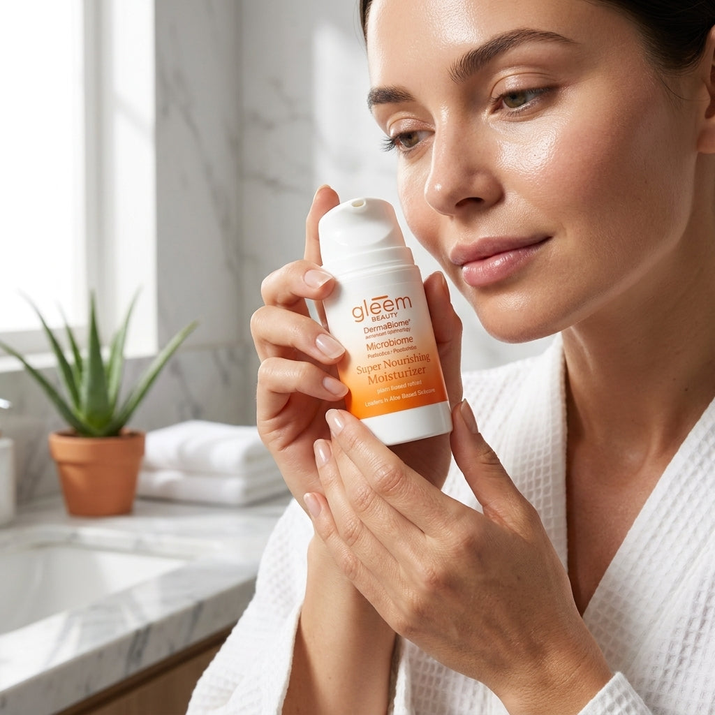 Woman applying gleem product in a bathroom setting