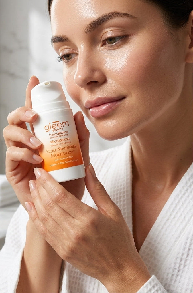Woman applying gleem product in a bathroom setting
