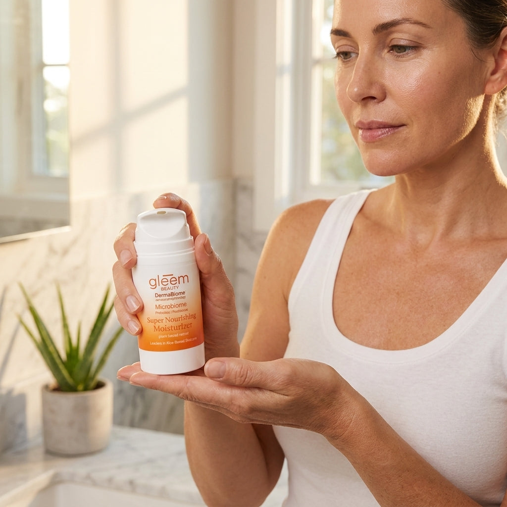 Woman holding a bottle of gleem product in a bright room with a plant in the background