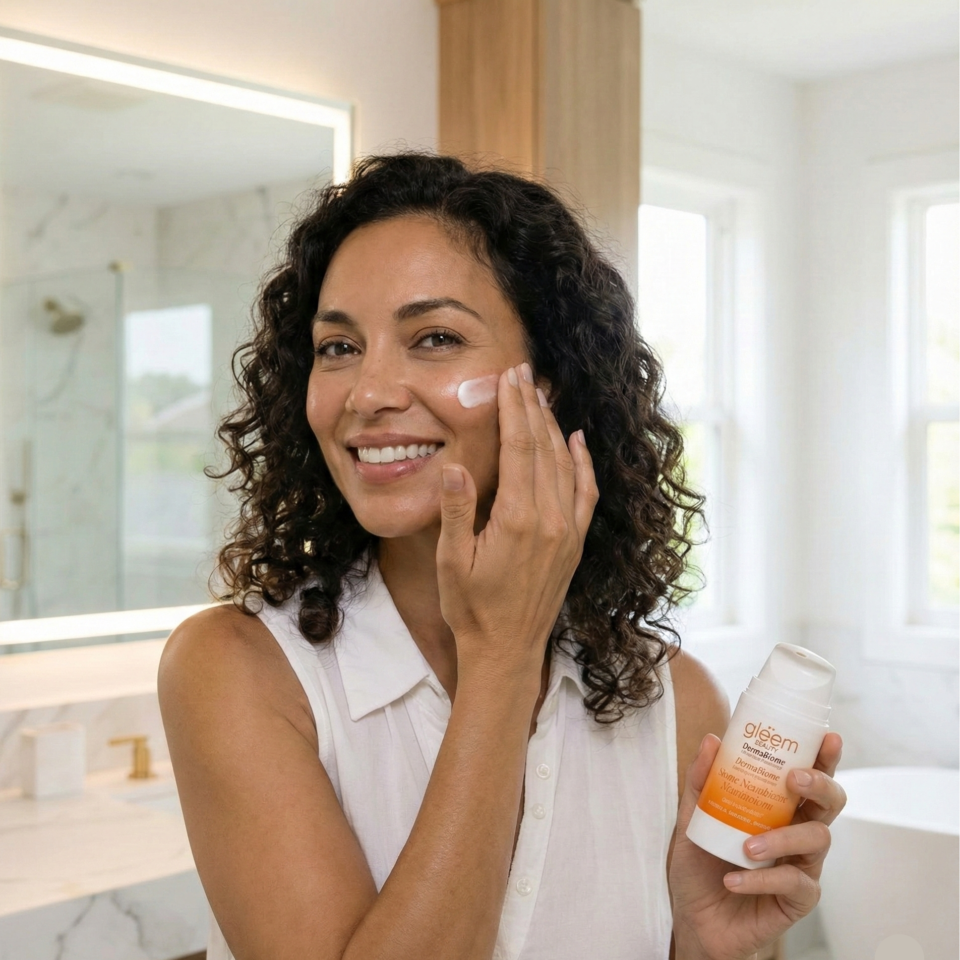 Woman applying skincare product in a bathroom setting