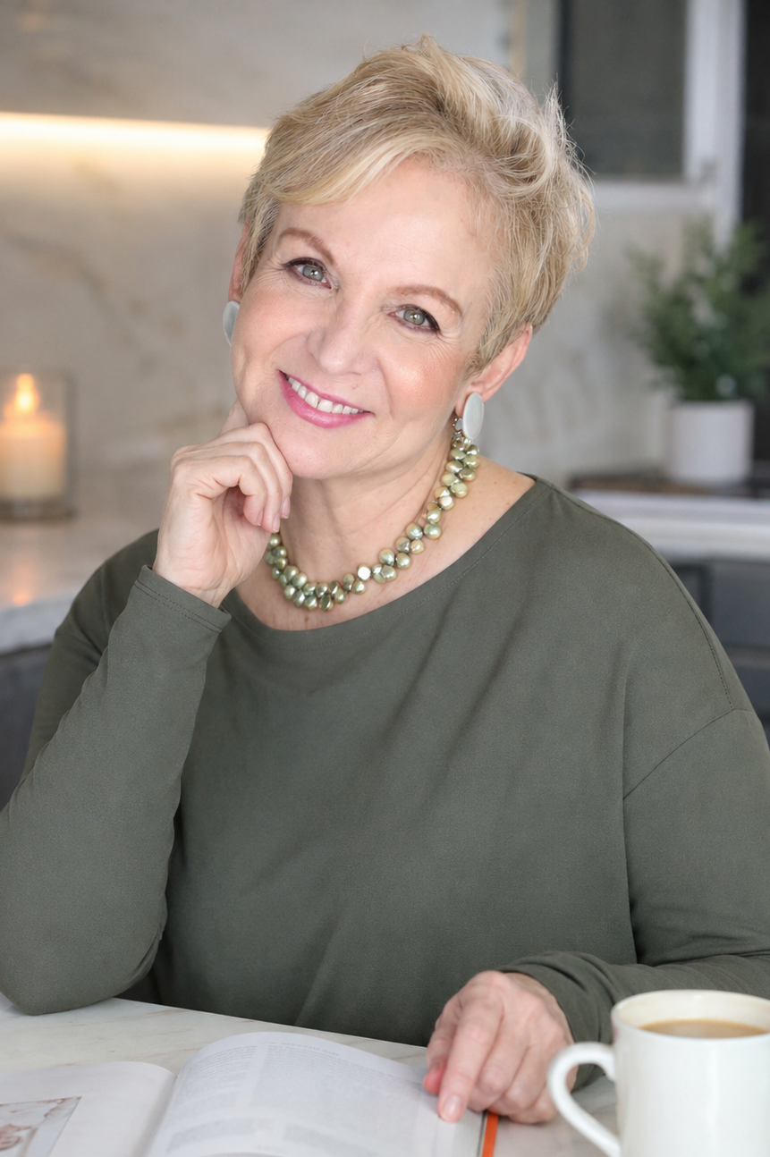 A smiling woman with short blonde hair sits at a kitchen counter, wearing an olive green long-sleeve top and a green beaded necklace. An open book with an orange cover is in front of her, along with a white mug.