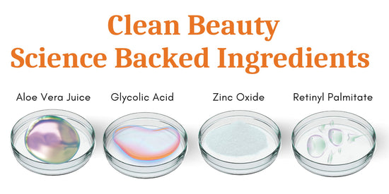 Clean Beauty Science Backed Ingredients, Aloe Vera Juice, Glycolic Acid, Zinc Oxide, Retinyl Palmitate