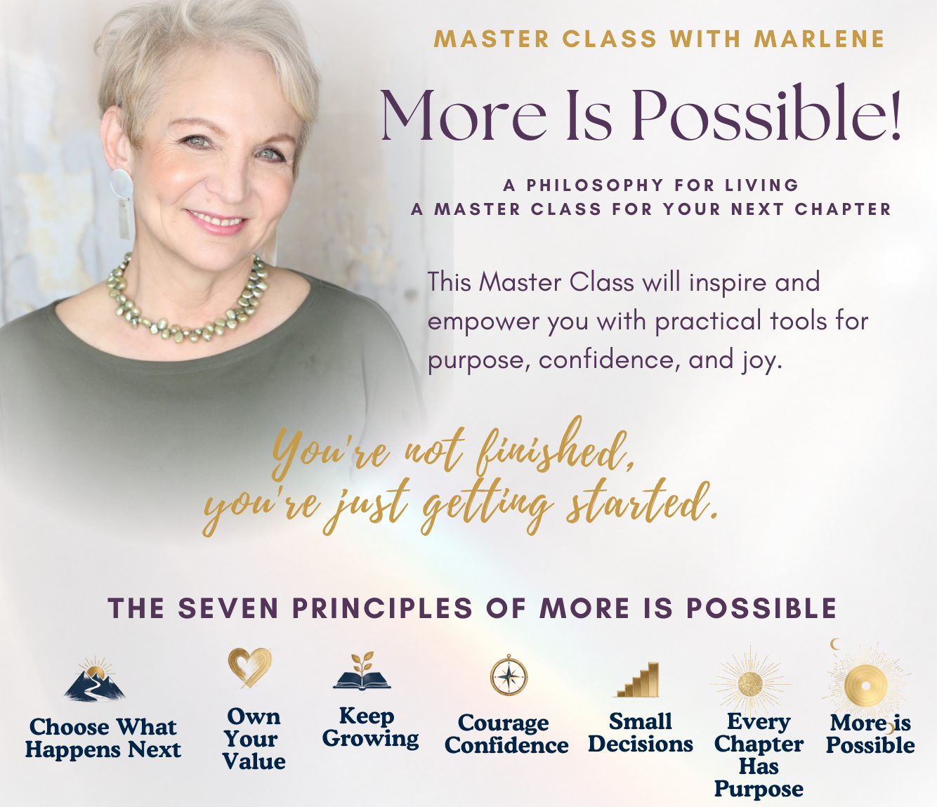 Promotional flyer for a master class titled 'More Is Possible!' with a portrait of speaker Marlene, supporting text, and a bulleted list of seven principles and outcomes.