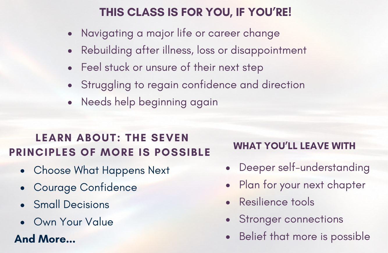 Promotional flyer for the 'More Is Possible Movement!' Master Class featuring host Marlene Wallach, with a small portrait photo, text sections, and a clean white background.