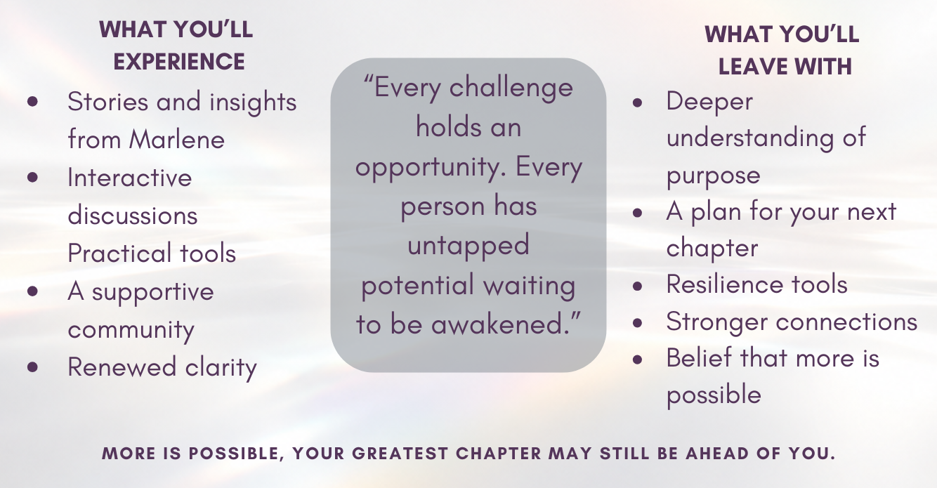 Promotional flyer for a master class titled 'More Is Possible!' featuring a portrait of speaker Marline, key phrases, and lists of seven principles and learning outcomes on a light background.