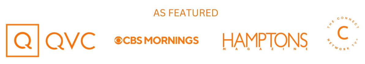 Logos of QVC, CBS Mornings, and The Hamptons on a white background