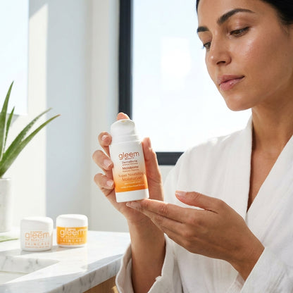 Woman applying gleem product in a bathroom setting