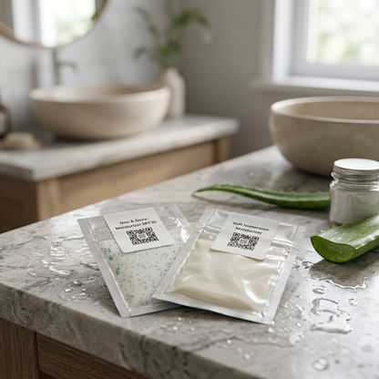 Two clear pouches of bath salts and immersion powder on a marble bathroom counter, with aloe vera leaves and a small jar nearby in a softly lit bathroom setting.