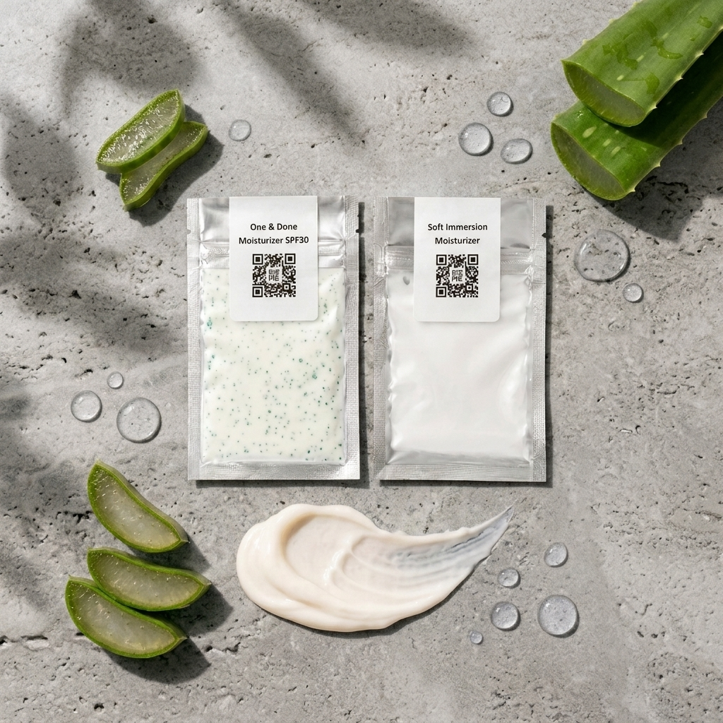 Two silver pouches of skincare products labeled 'One & Drive Moisturizer SPF30' and 'Soft Tension Moisturizer' arranged on a textured gray surface with a smear of white cream below, surrounded by aloe vera slices and water droplets.