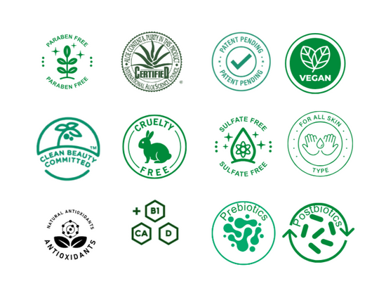 Collection of green product certification logos on a white background